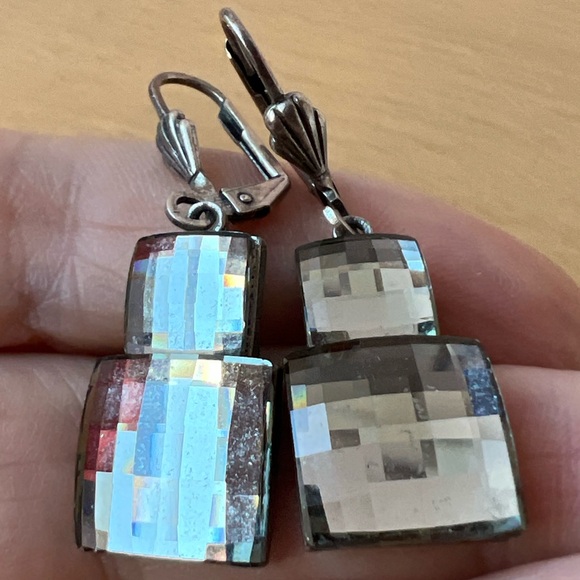 VINTAGE ANNE KOPLIK DESIGN MIRRORED FACETED GLASS DROP DANGLE EARRINGS LEVERBACK - Picture 10 of 16